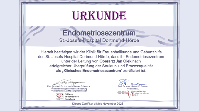 Zertifikat des Endometriosezentrums am St.-Josefs-Hospital
